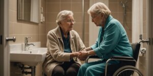 Caregiver helping elderly person with a rented shower chair in a modern bathroom, emphasizing quick delivery and care.