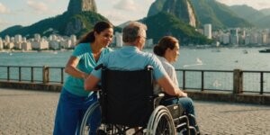 Person in wheelchair assisted by caregiver with Rio de Janeiro landmarks in the background, highlighting rental services.