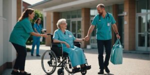 Happy patient being discharged, family member pushing wheelchair, nurse handing over medical equipment for home use.