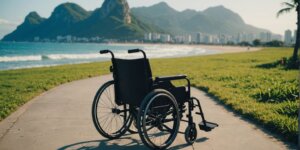 Wheelchair on a scenic beach pathway in Barra da Tijuca, highlighting the benefits of rental services in the area.