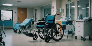Medical equipment rental options including wheelchairs, hospital beds, and oxygen tanks in a hospital environment.