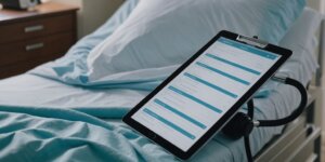 Hospital bed with checklist overlay, highlighting key points to consider before renting a hospital bed.