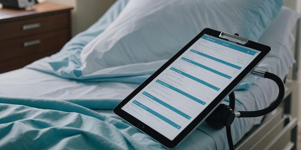Hospital bed with checklist overlay, highlighting key points to consider before renting a hospital bed.