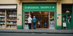 Storefront of a medical supply store in Botafogo with walkers for elderly people displayed in the window.