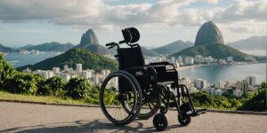 Modern wheelchair with suspension system in Rio de Janeiro, Sugarloaf Mountain in the background, highlighting comfort and safety.