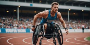 Athlete in a sports wheelchair racing on a track, showcasing strength and determination.