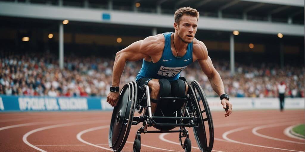 Athlete in a sports wheelchair racing on a track, showcasing strength and determination.