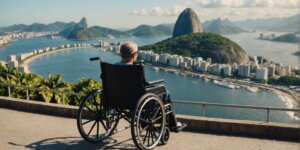 Wheelchair in front of Rio de Janeiro's scenic view with Sugarloaf Mountain, representing practical and economical rental solutions.