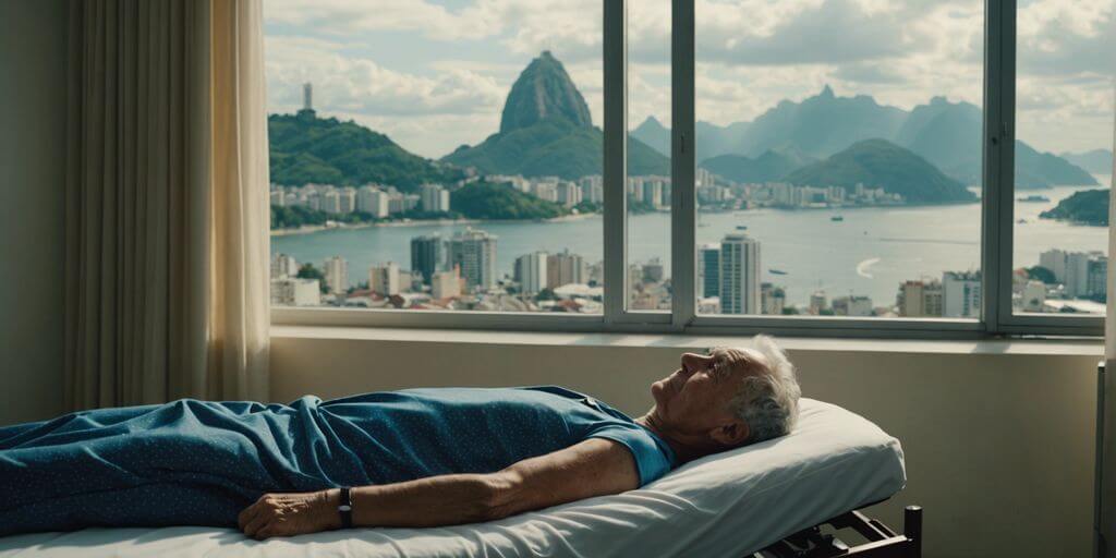 Elderly person resting on a hospital bed in a cozy room with Rio de Janeiro's landscape visible through the window.