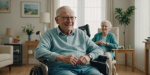 Elderly patient in reclining wheelchair with caregiver in a bright room, highlighting comfort and assistance.