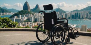 Wheelchair with price tag in front of Rio de Janeiro cityscape, illustrating rental costs.