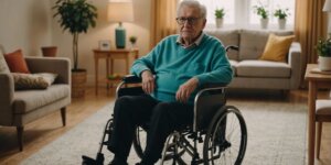 Elderly person in a modern wheelchair with a caregiver in a bright, cozy room, emphasizing comfort and safety.