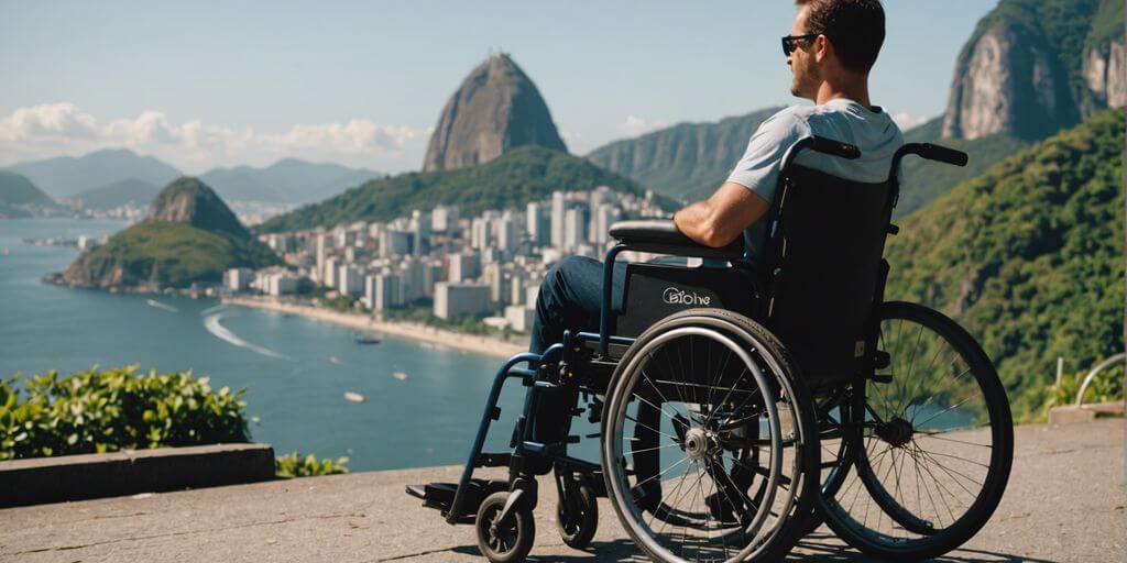 Wheelchair with Rio de Janeiro's iconic landscape, emphasizing the advantages of renting wheelchairs in the city.