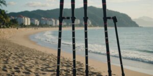 Pair of crutches leaning against a wall with a beach in the background, representing crutch rental services in Barra da Tijuca.