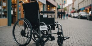 Wheelchair with rental tag in front of medical supply store, illustrating wheelchair rental process.