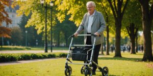 Senior person walking confidently with a high-performance walker with wheels in a sunny park.