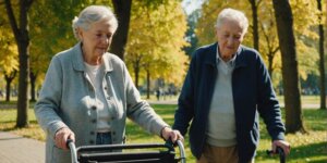 Elderly person with walker assisted by caregiver in park