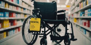 Wheelchair with rental tag in a bright medical supply store, highlighting accessibility and convenience for users.