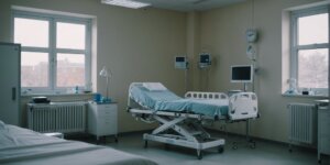 Modern hospital room with a hospital bed, side table, and medical equipment, highlighting comfort and care.