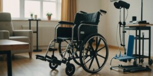Various medical rehabilitation equipment including crutches, a wheelchair, and a knee brace, arranged in a well-lit room.