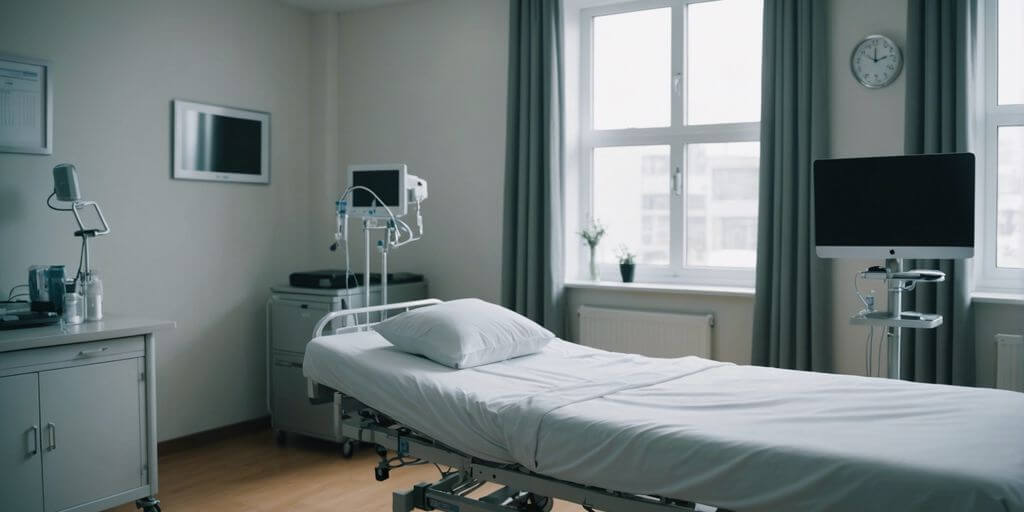 Modern hospital bed in a well-lit room, highlighting comfort and accessibility for patients.