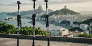 Adjustable crutches with Rio de Janeiro cityscape in the background, representing rental options in the city.