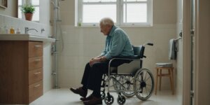 Elderly person using a shower chair with caregiver assistance in a modern bathroom setting.