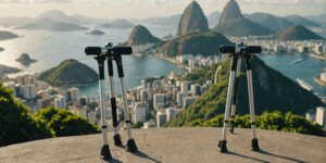 Crutches in front of Rio de Janeiro's Sugarloaf Mountain and Christ the Redeemer, symbolizing rental services in the city.