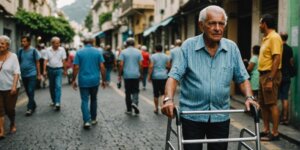 Senior with walker in Rio's Zona Sul neighborhood