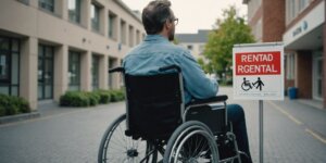 Person in wheelchair with rental sign in hospital background, representing wheelchair rental services.