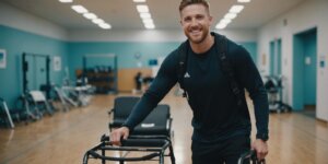 Smiling athlete in recovery using crutches, surrounded by essential medical equipment like braces and wheelchairs.