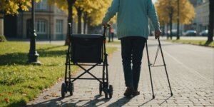 Senior using Medfort walker outdoors on a sunny day