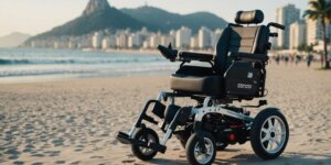 Motorized wheelchair for rent in Copacabana, with the beach and promenade in the background.