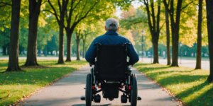 Person in a motorized wheelchair enjoying independence in a park with trees and blue sky.