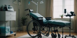 Home healthcare setup with hospital bed, oxygen tank, and wheelchair, illustrating residential medical equipment rental services.