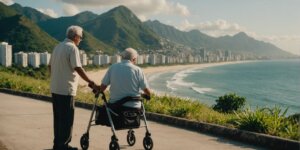 Elderly person using a walker in Barra da Tijuca, showcasing ease of mobility and beautiful surroundings.