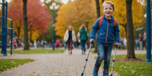 Happy child using adjustable crutches in a park, representing tips for renting crutches for kids and teens.