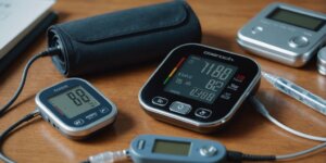 Various health monitoring devices including a blood pressure monitor, glucose meter, and digital thermometer arranged on a table.