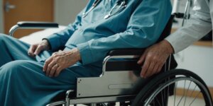 Caregiver assists elderly from wheelchair to hospital bed