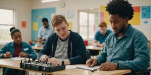 Students with motor disabilities using rented medical equipment in an inclusive classroom setting.