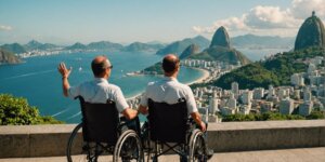 Person in wheelchair enjoying Rio de Janeiro's landmarks like Christ the Redeemer and Sugarloaf Mountain on a sunny day.