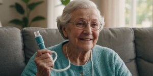 Elderly person using a respiratory therapy device at home, smiling and looking comfortable in a cozy setting.