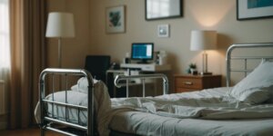 Adjustable hospital bed in a cozy room, representing comfort and care for home patients.
