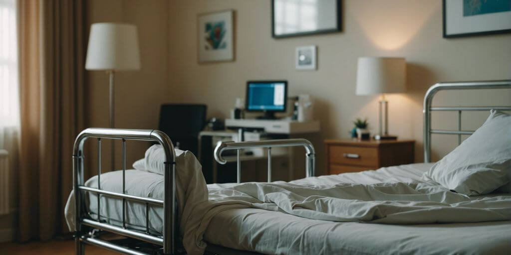 Adjustable hospital bed in a cozy room, representing comfort and care for home patients.