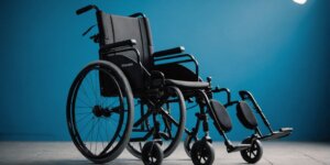 Wheelchair with calf support for rent, blue background.
