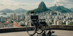 Wheelchair with price tag in front of Rio de Janeiro cityscape, illustrating rental costs in the city.