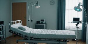 Hospital bed with rental mattress and medical equipment in room.