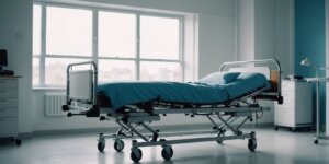 Hospital bed with side rails in a clean room, available for rent in Zona Sul.