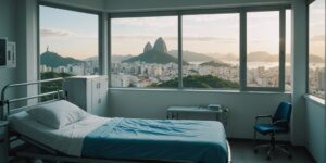 Modern hospital bed in a room with Rio de Janeiro's landscape visible through the window, ideal for rental options.