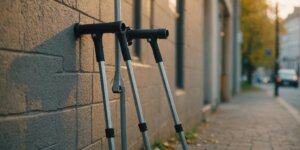 A pair of crutches against a bright background, representing the benefits of renting crutches for recovery.